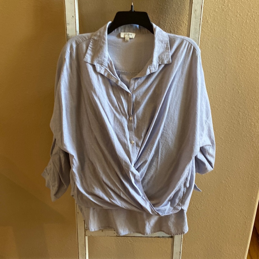 High low blue and white pinstripe blouse